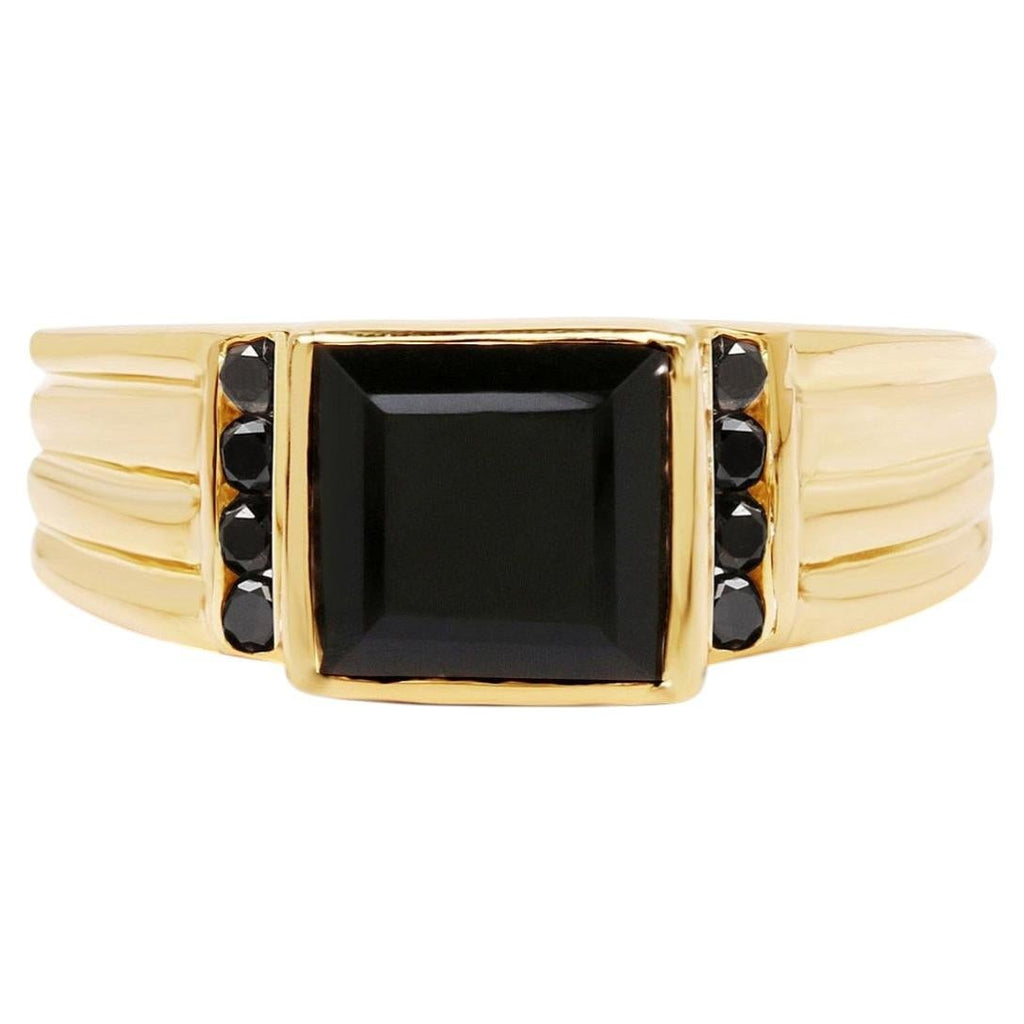 Black Onyx Ring With Black Diamonds 2.12 Carats Gold Plated Silver