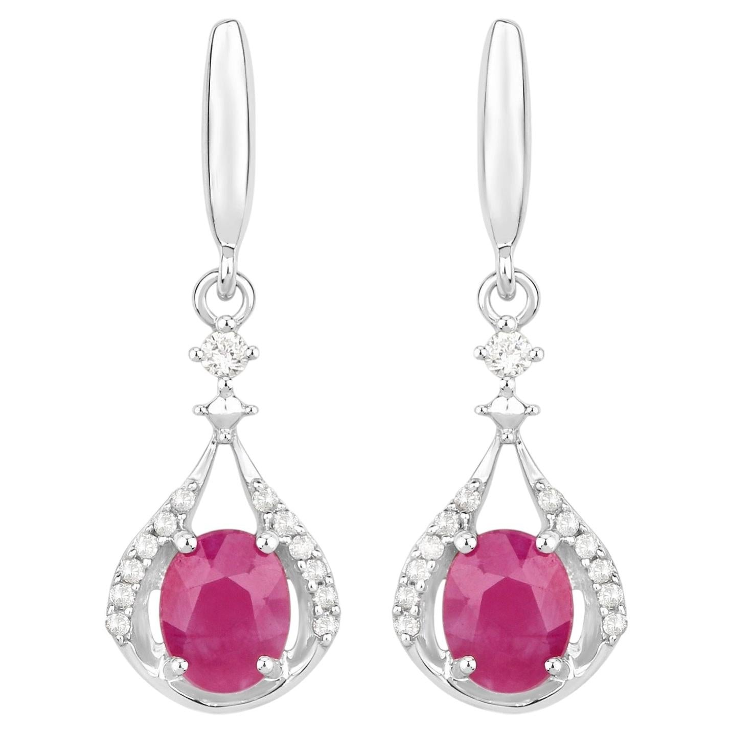 Natural Ruby Earrings With Diamonds 0.66 Carats 14K White Gold