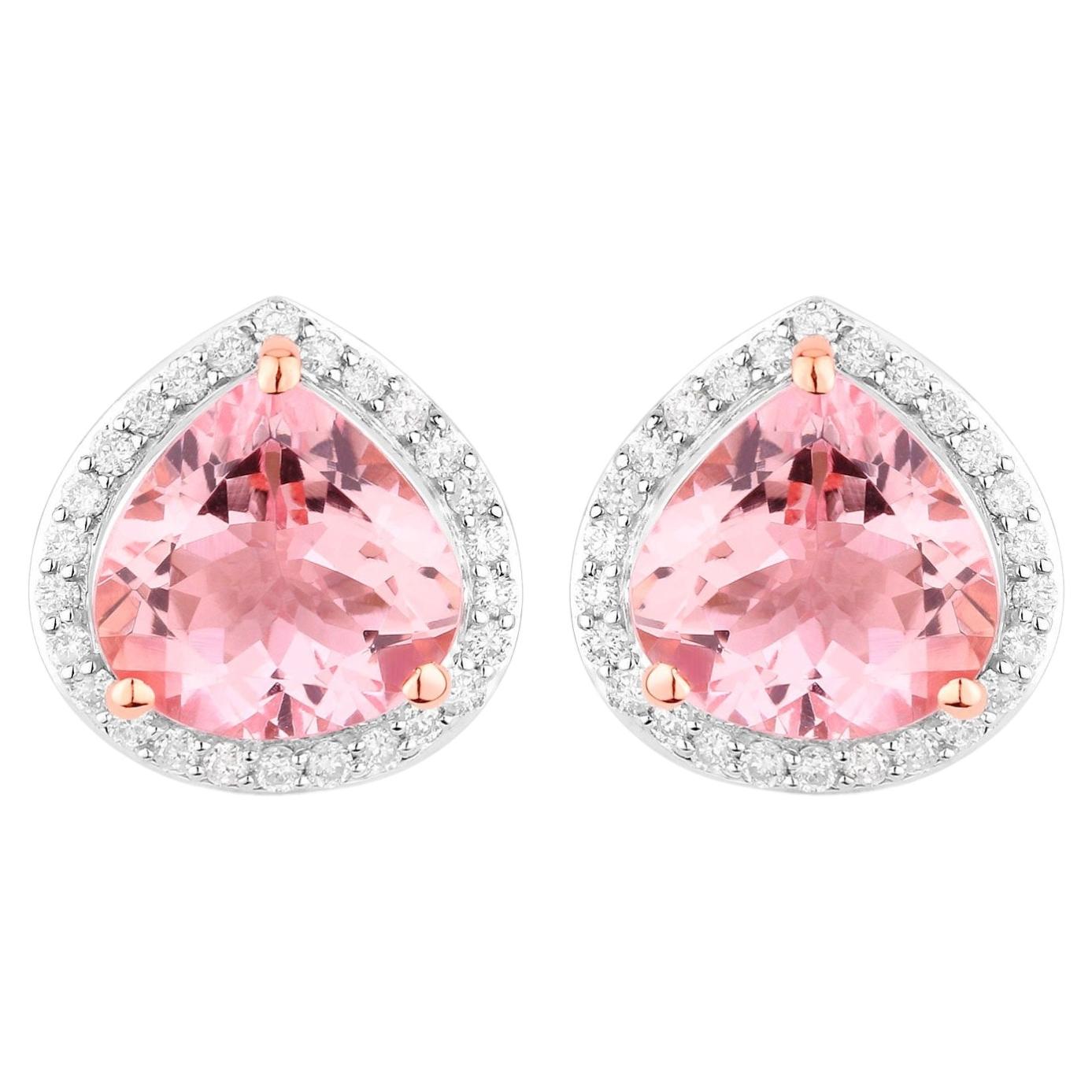 Morganite Stud Earrings With Diamonds 3.24 Carats 14K Rose Gold