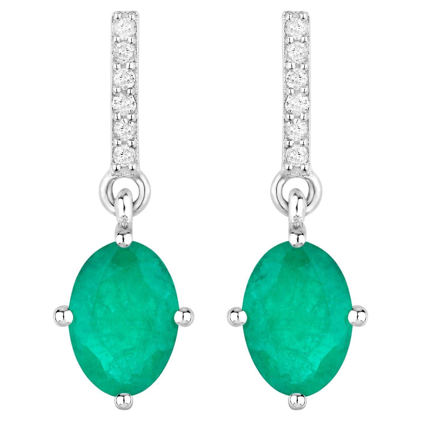 Zambian Emerald Dangle Earrings Diamonds 1.4 Carats 14K White Gold