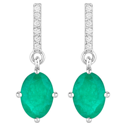 Zambian Emerald Dangle Earrings Diamonds 1.4 Carats 14K White Gold