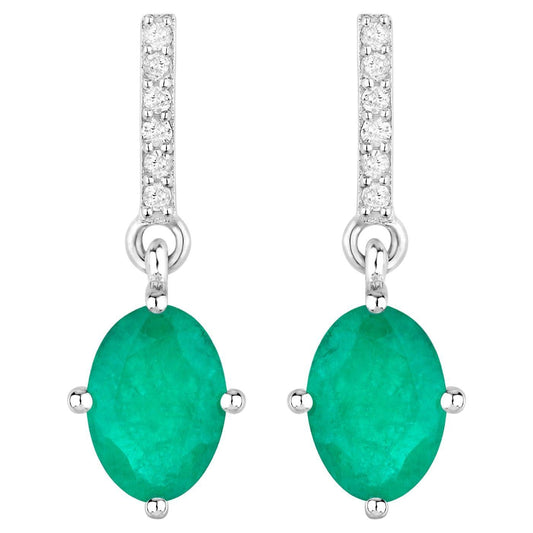Zambian Emerald Dangle Earrings Diamonds 1.4 Carats 14K White Gold
