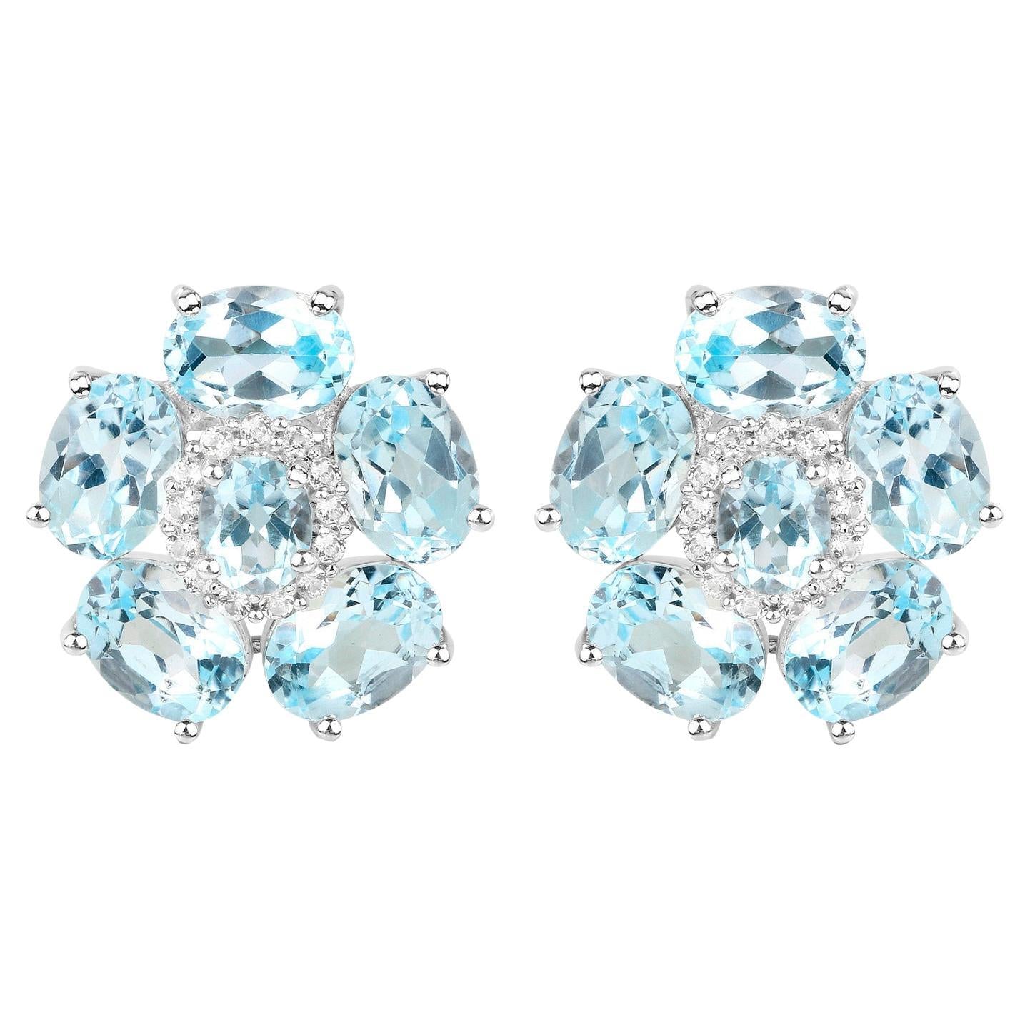 Blue Topaz Floral Earrings White Topaz 10.5 Carats 18K White Gold Plated Silver