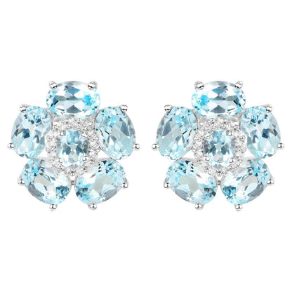 Blue Topaz Floral Earrings White Topaz 10.5 Carats 18K White Gold Plated Silver