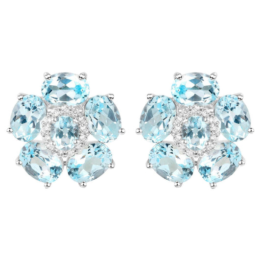 Blue Topaz Floral Earrings White Topaz 10.5 Carats 18K White Gold Plated Silver