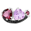 Rhodolite Garnet Heart Ring Amethyst and Black Spinel 4 Carats Sterling Silver