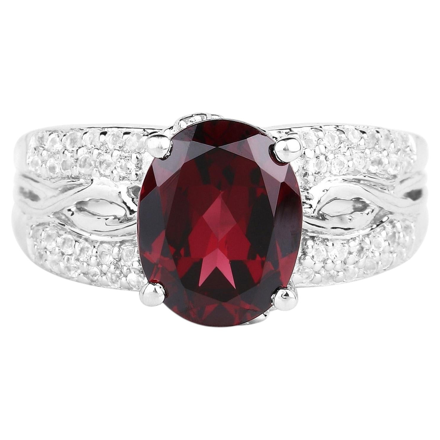Rhodolite Garnet Ring With White Topaz 3.2 Carats Sterling Silver