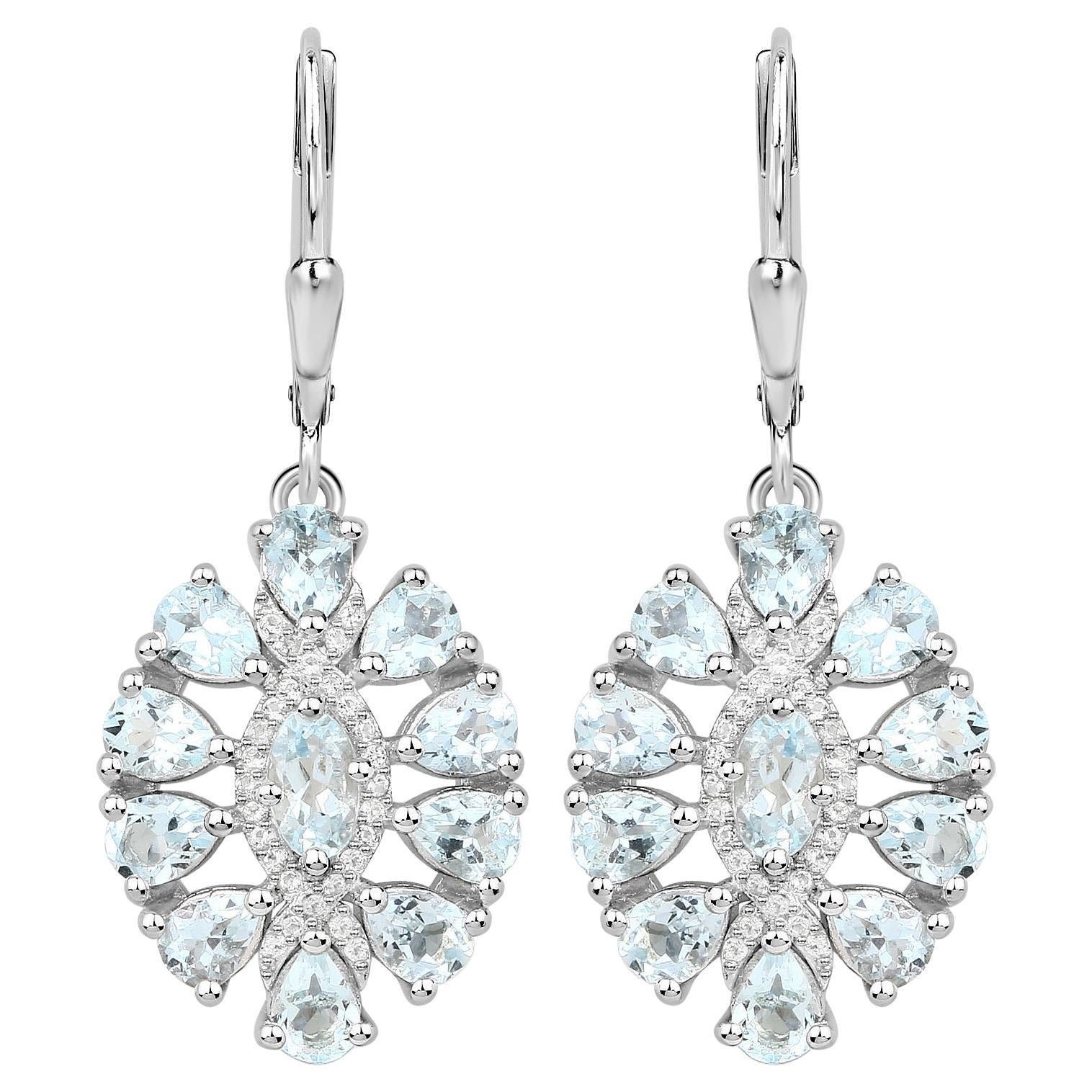 Aquamarine Dangle Earrings White Topaz 2.9 Carats Sterling Silver