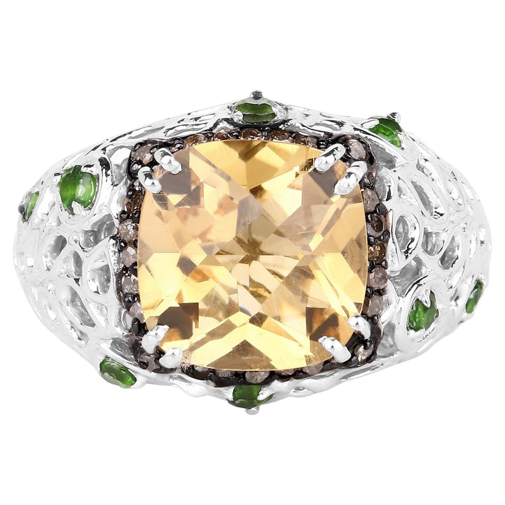 Citrine Ring Chrome Diopside and Champagne Diamonds 3.52 Carats Sterling Silver