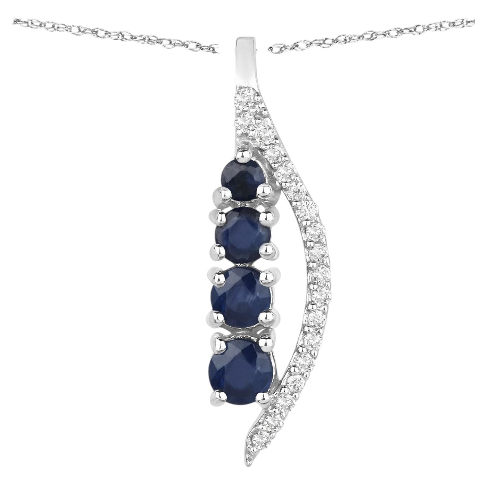 Blue Sapphire Pendant With Diamonds 0.34 Carats 14K White Gold