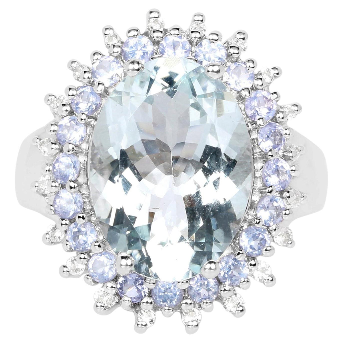 Aquamarine Ring With Tanzanite and White Topaz 5.24 Carats Sterling Silver