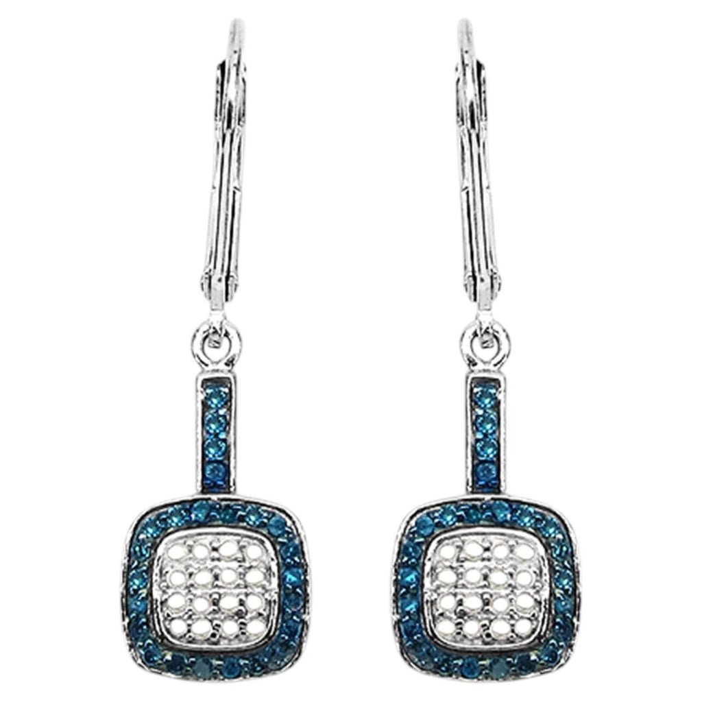 Blue and White Diamond Cluster Earrings 0.4 Carats Sterling Silver