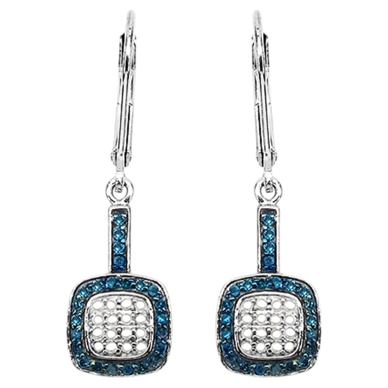 Blue and White Diamond Cluster Earrings 0.4 Carats Sterling Silver