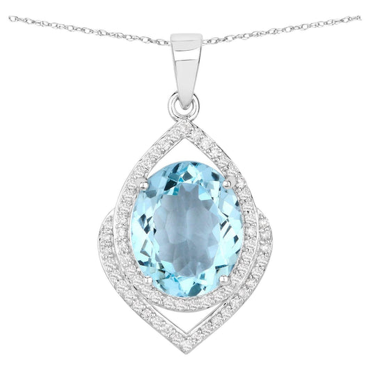 Oval Cut Aquamarine Pendant Necklace Diamond Setting 3.86 Carats 14K White Gold