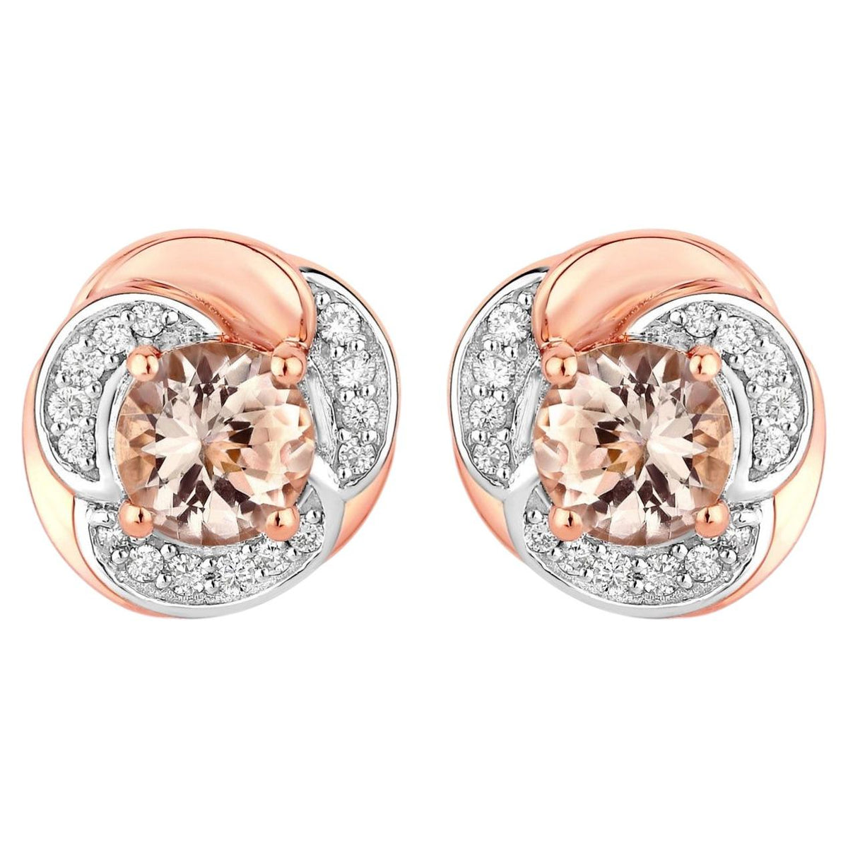 Morganite Flower Stud Earrings With Diamonds 0.9 Carats 14K Rose Gold