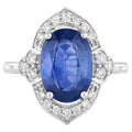 Blue Sapphire Ring With Diamonds 4.12 Carats 18K White Gold