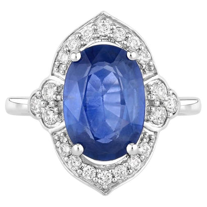 Blue Sapphire Ring With Diamonds 4.12 Carats 18K White Gold