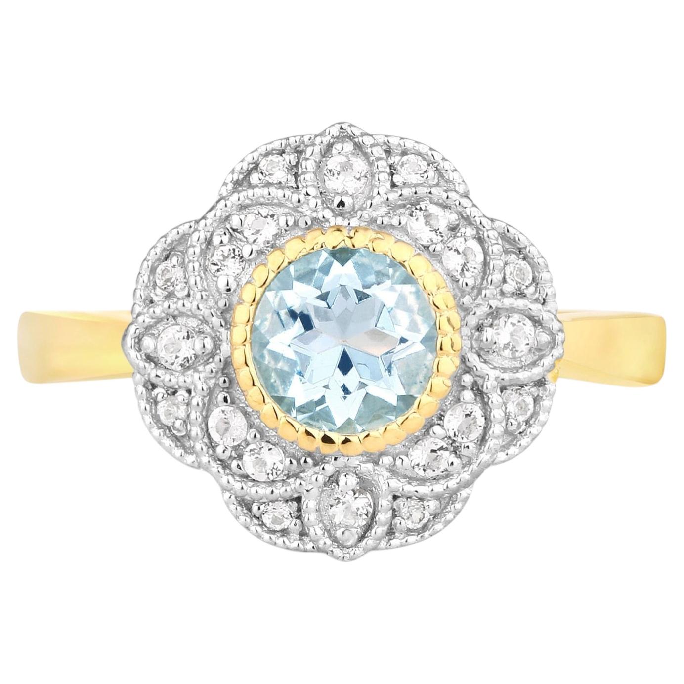 Aquamarine Ring With White Topaz 0.92 Carats Gold Plated Silver