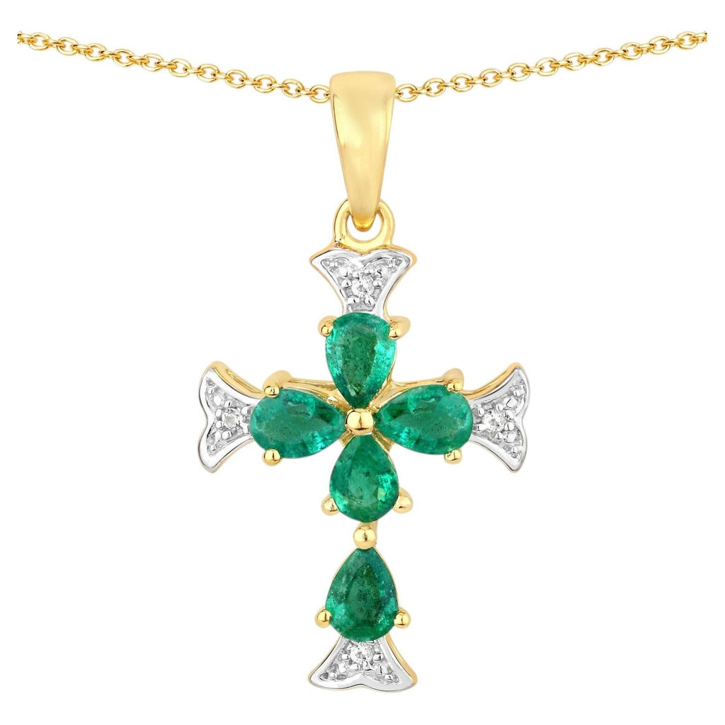 Zambian Emerald Cross Pendant With White Topaz 0.7 Carats Gold Plated Silver