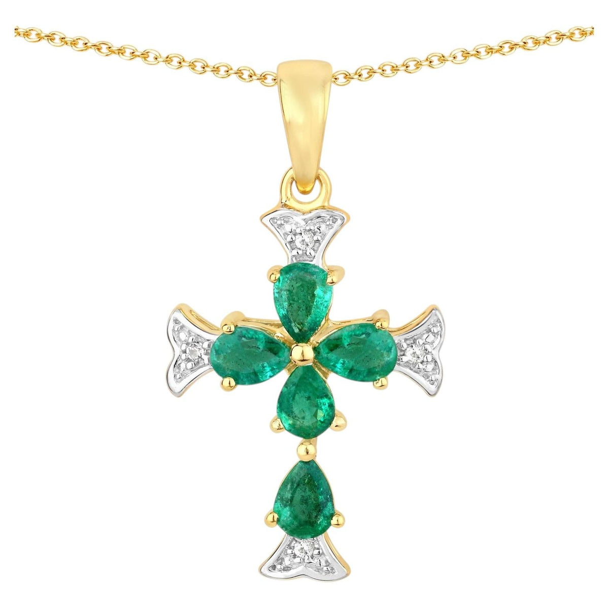 Zambian Emerald Cross Pendant With White Topaz 0.7 Carats Gold Plated Silver