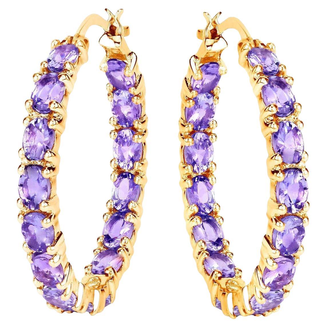 Tanzanite Hoop Earrings 5.15 Carats 14K Yellow Gold Plated Silver