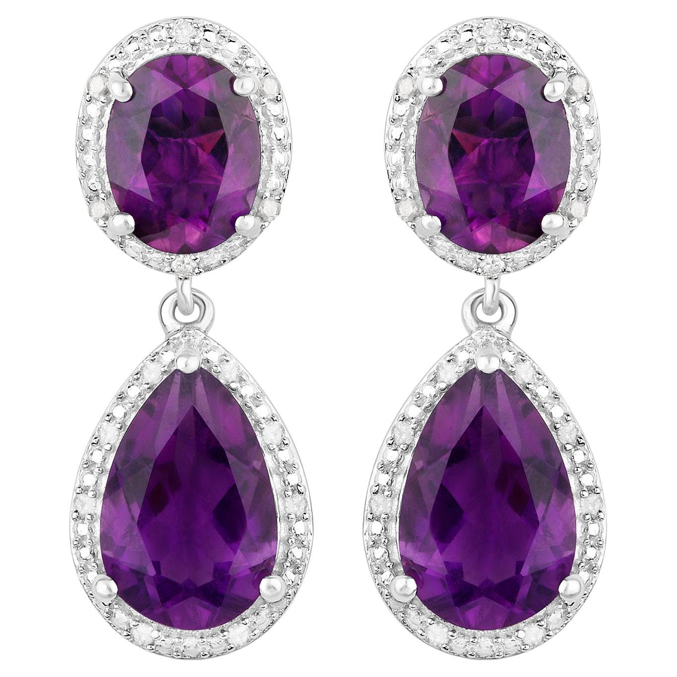 Natural Amethyst Dangle Earrings With Diamonds 8.45 Carats Total