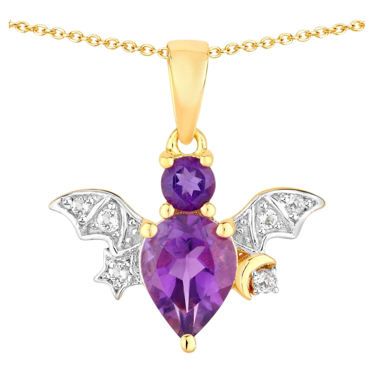 Amethyst Bat Pendant With White Topaz 1.19 Carats Gold Plated Silver