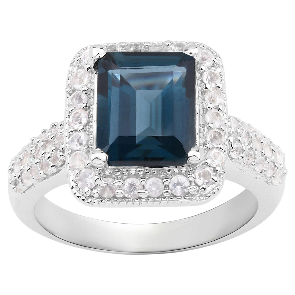 London Blue Topaz Ring With White Topaz 4.98 Carats Sterling Silver