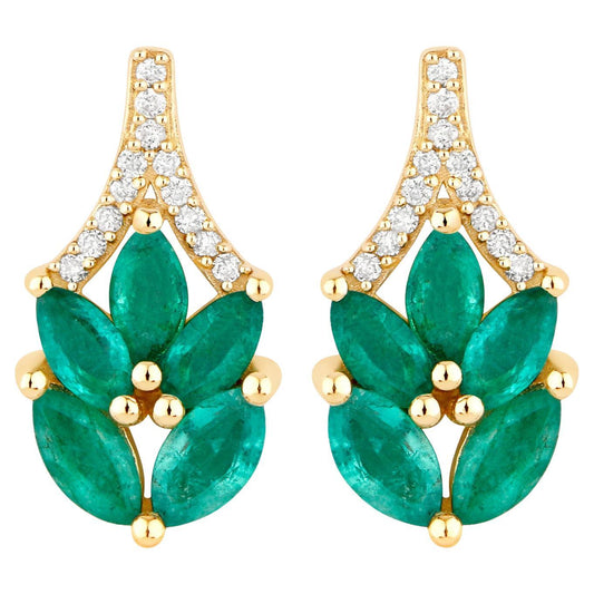 Zambian Emerald Stud Earrings White Diamonds 14K Yellow Gold