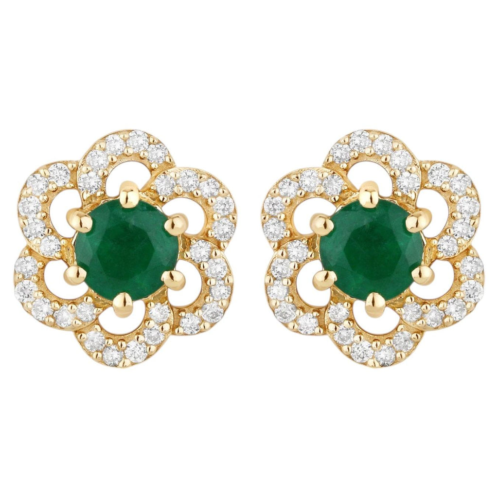 Zambian Emerald Flower Stud Earrings 0.6 Carats 14K Yellow Gold