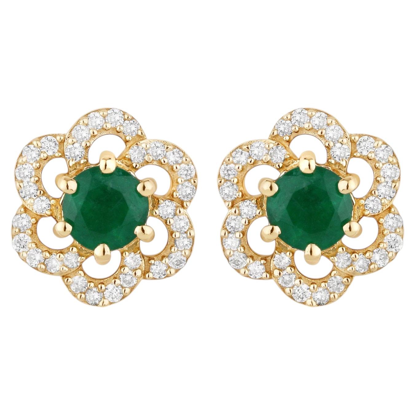 Zambian Emerald Flower Stud Earrings 0.6 Carats 14K Yellow Gold
