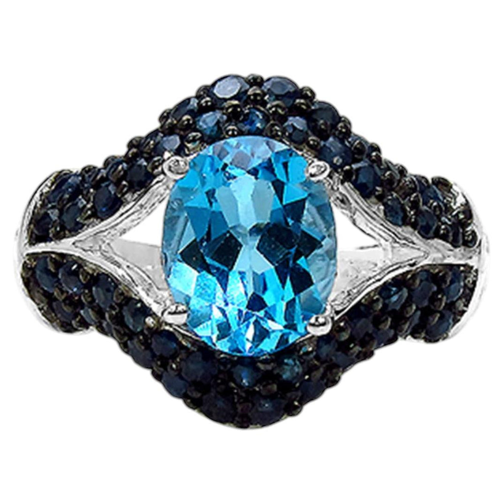 Swiss Blue Topaz Ring With Blue Sapphire 4.98 Carats Sterling Silver