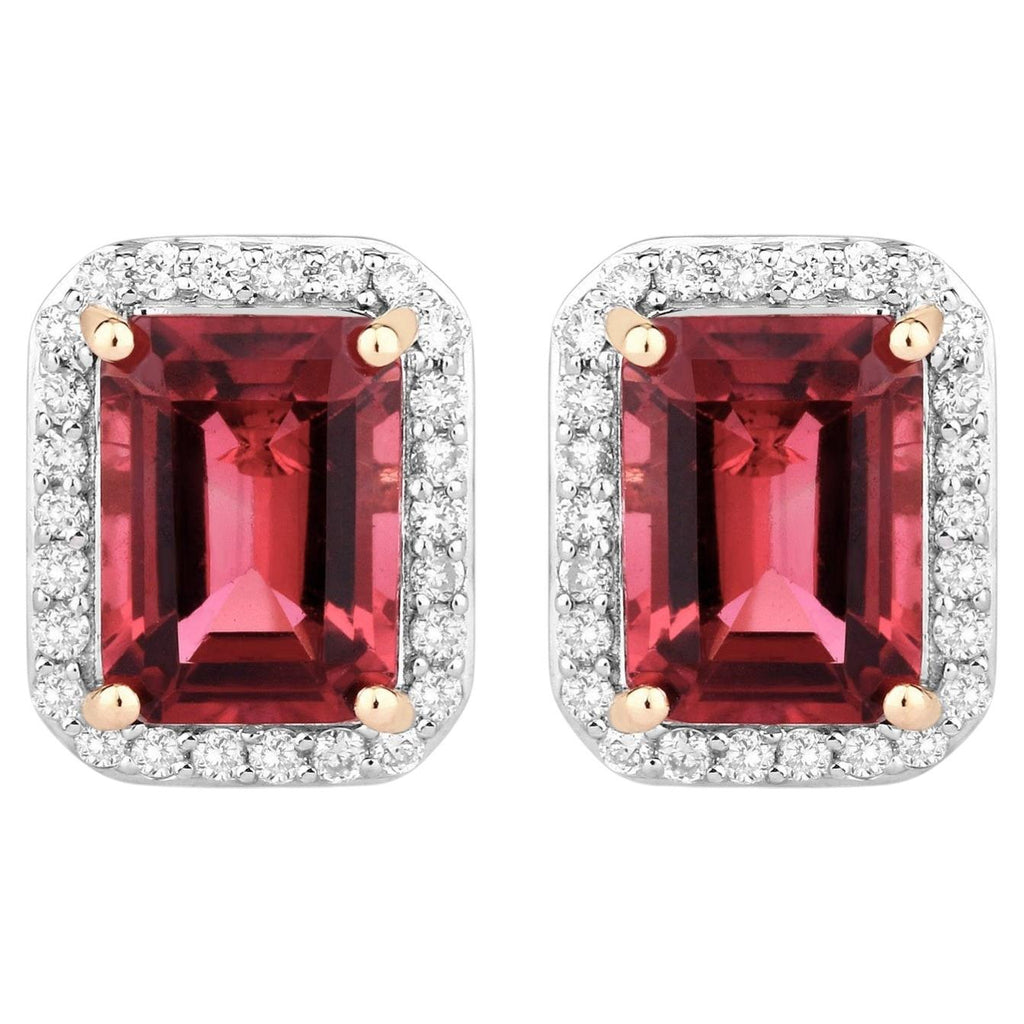 Rubellite Stud Earrings With Diamonds 3.04 Carats 14K Yellow Gold