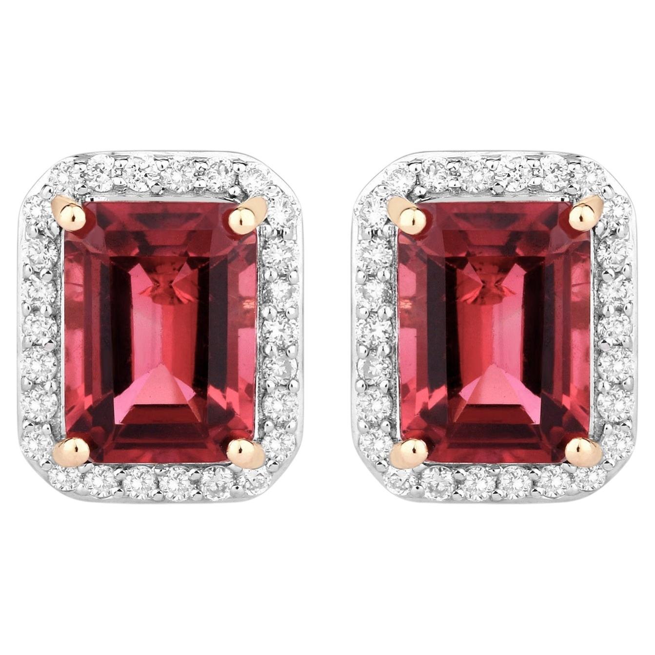 Rubellite Stud Earrings With Diamonds 3.04 Carats 14K Yellow Gold