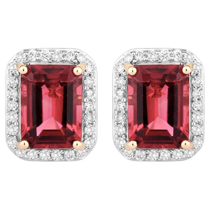 Rubellite Stud Earrings With Diamonds 3.04 Carats 14K Yellow Gold