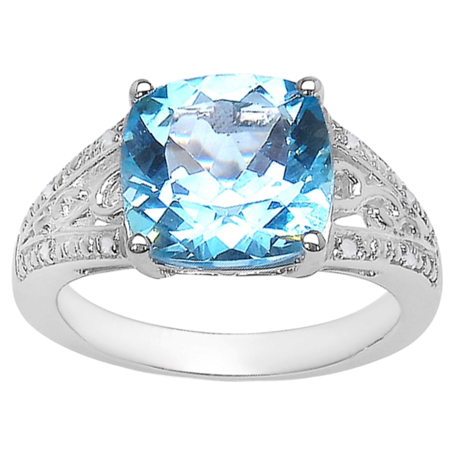 Blue Topaz Ring With Diamonds 4.4 Carats Sterling Silver