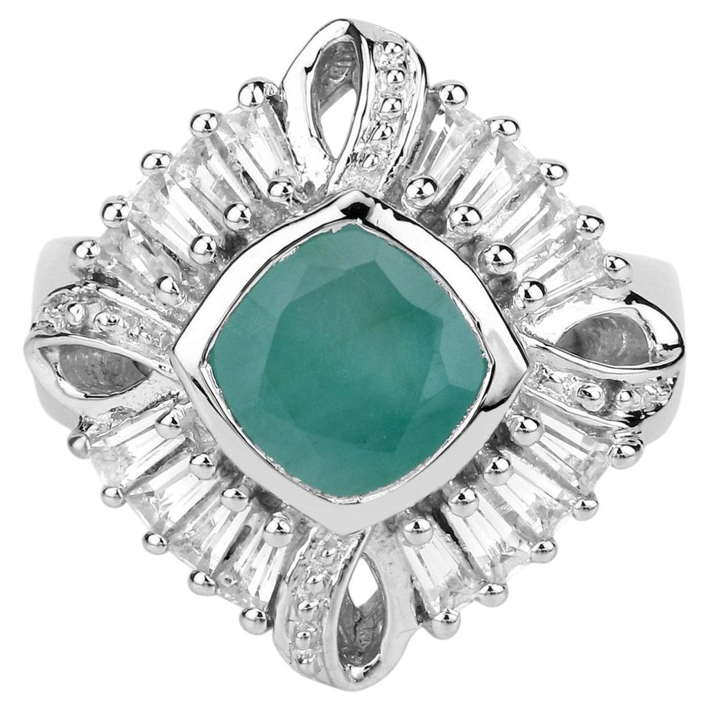 Emerald Ring With White Topaz and Diamonds 2.53 Carats Sterling Silver