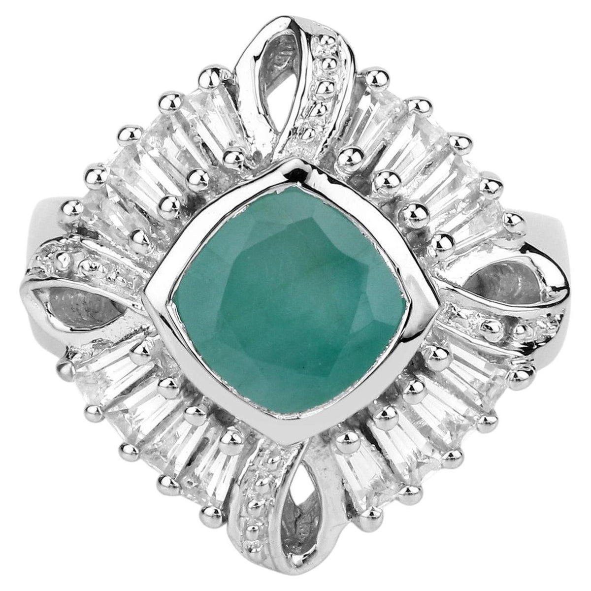Emerald Ring With White Topaz and Diamonds 2.53 Carats Sterling Silver