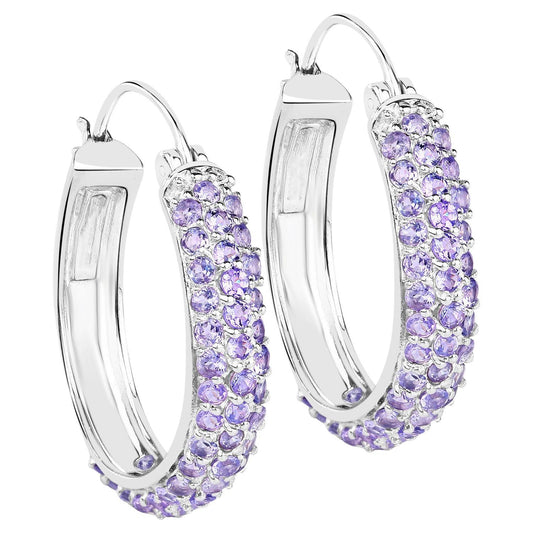 Tanzanite Hoop Earrings 3 Carats Rhodium Plated Silver