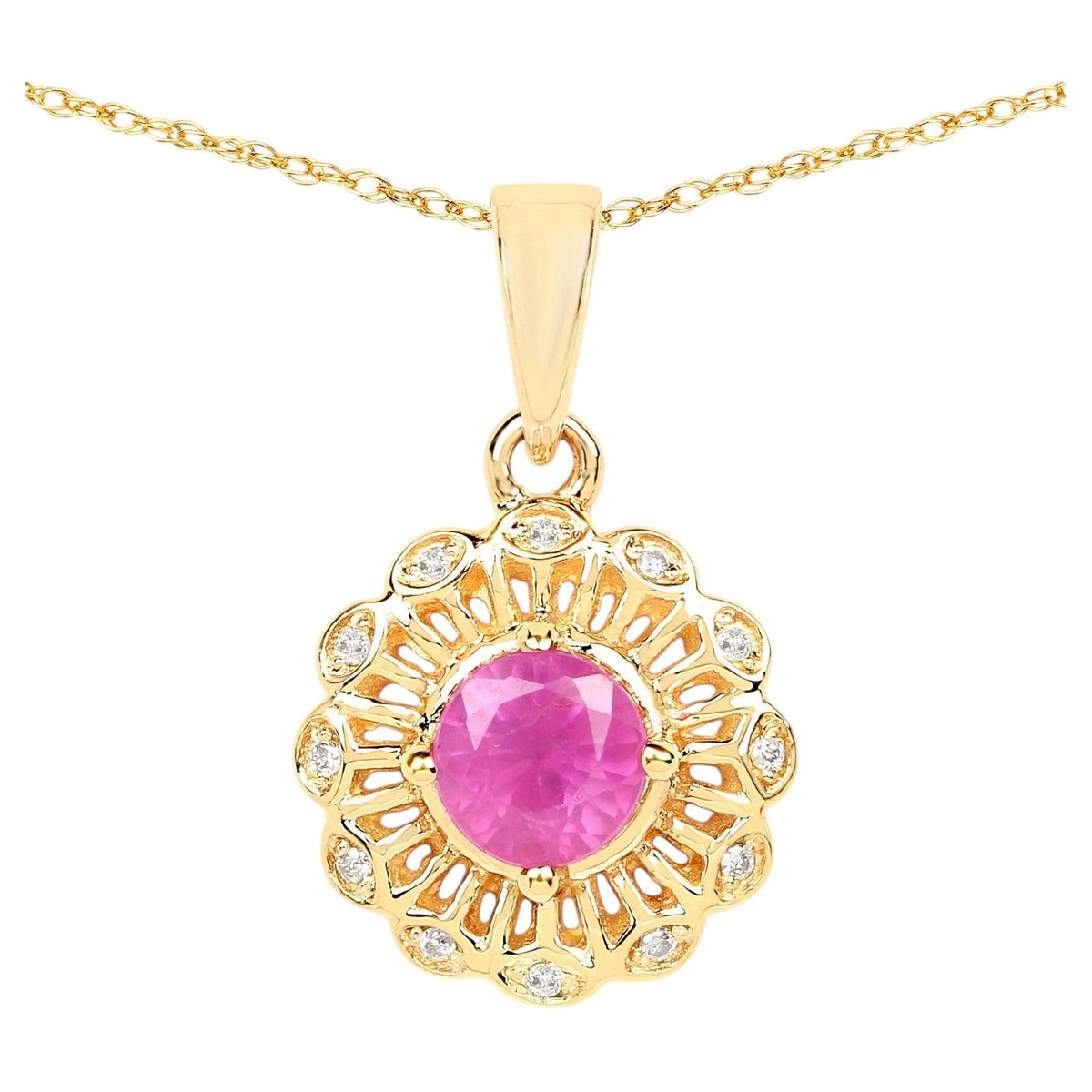 Ruby Flower Pendant With Diamonds 0.56 Carats 14K Yellow Gold
