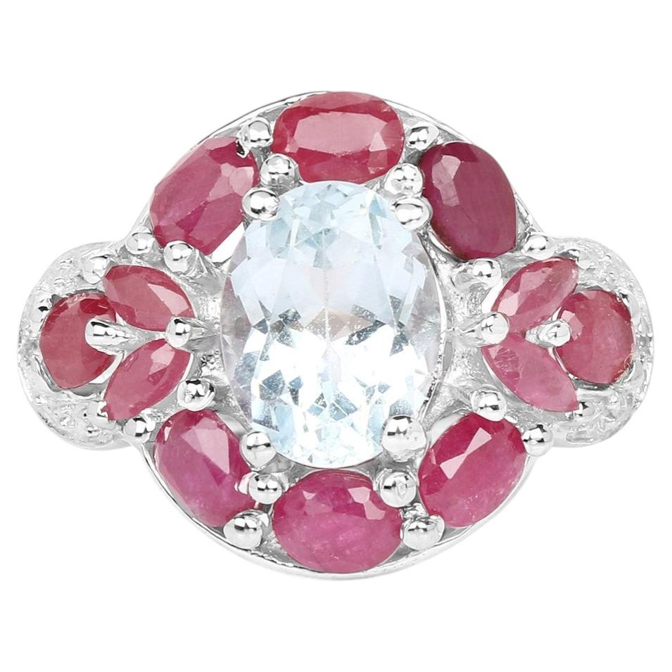 Aquamarine Ring With Ruby 3.48 Carats Sterling Silver