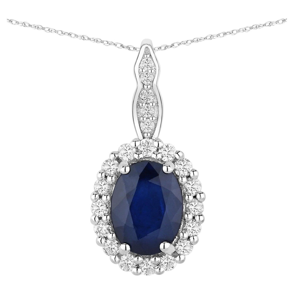 Blue Sapphire Pendant With Diamonds 1.75 Carats 14K White Gold