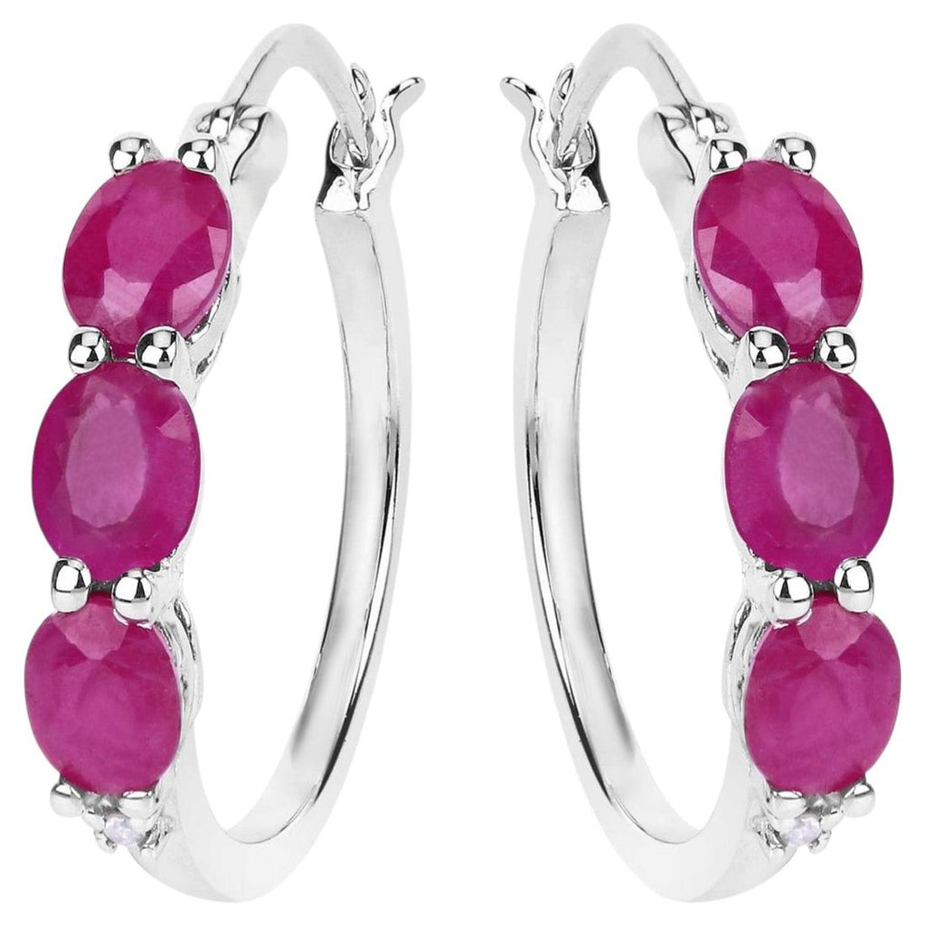 Ruby Hoop Earrings With Diamonds 1.79 Carats Sterling Silver
