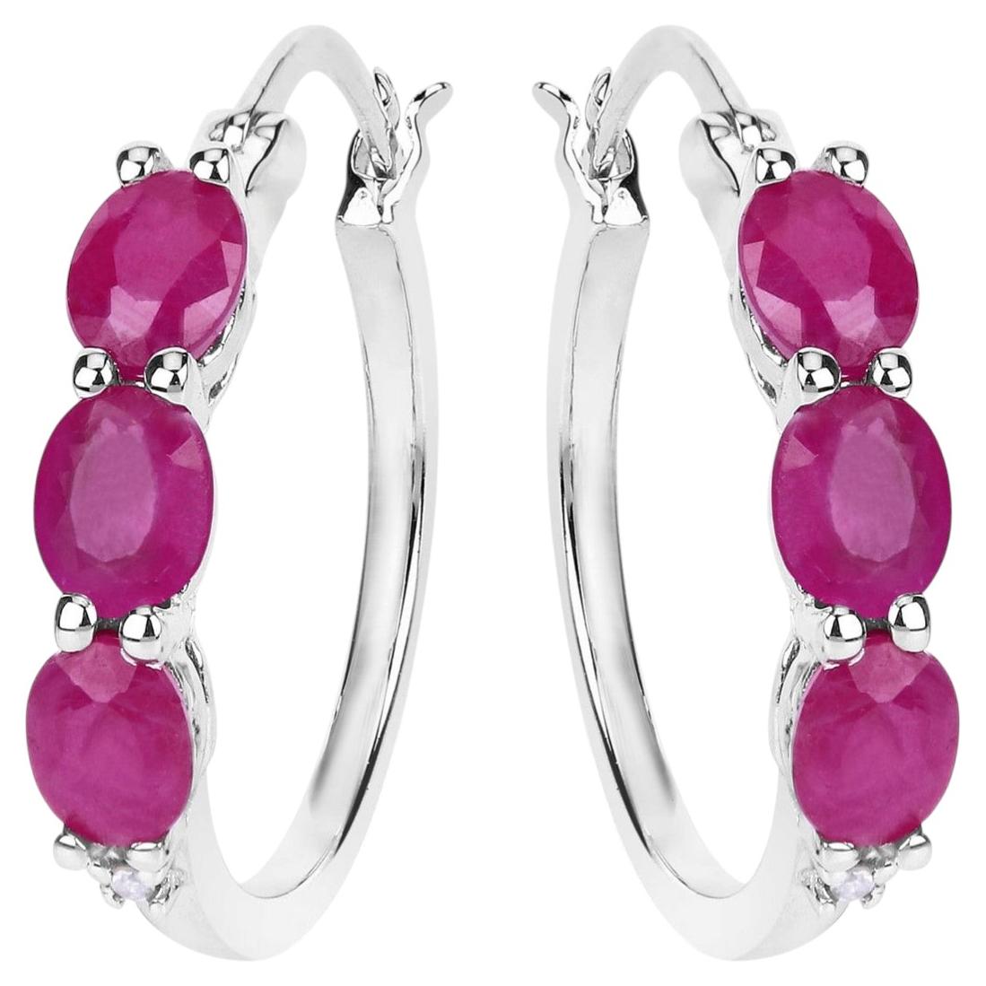 Ruby Hoop Earrings With Diamonds 1.79 Carats Sterling Silver