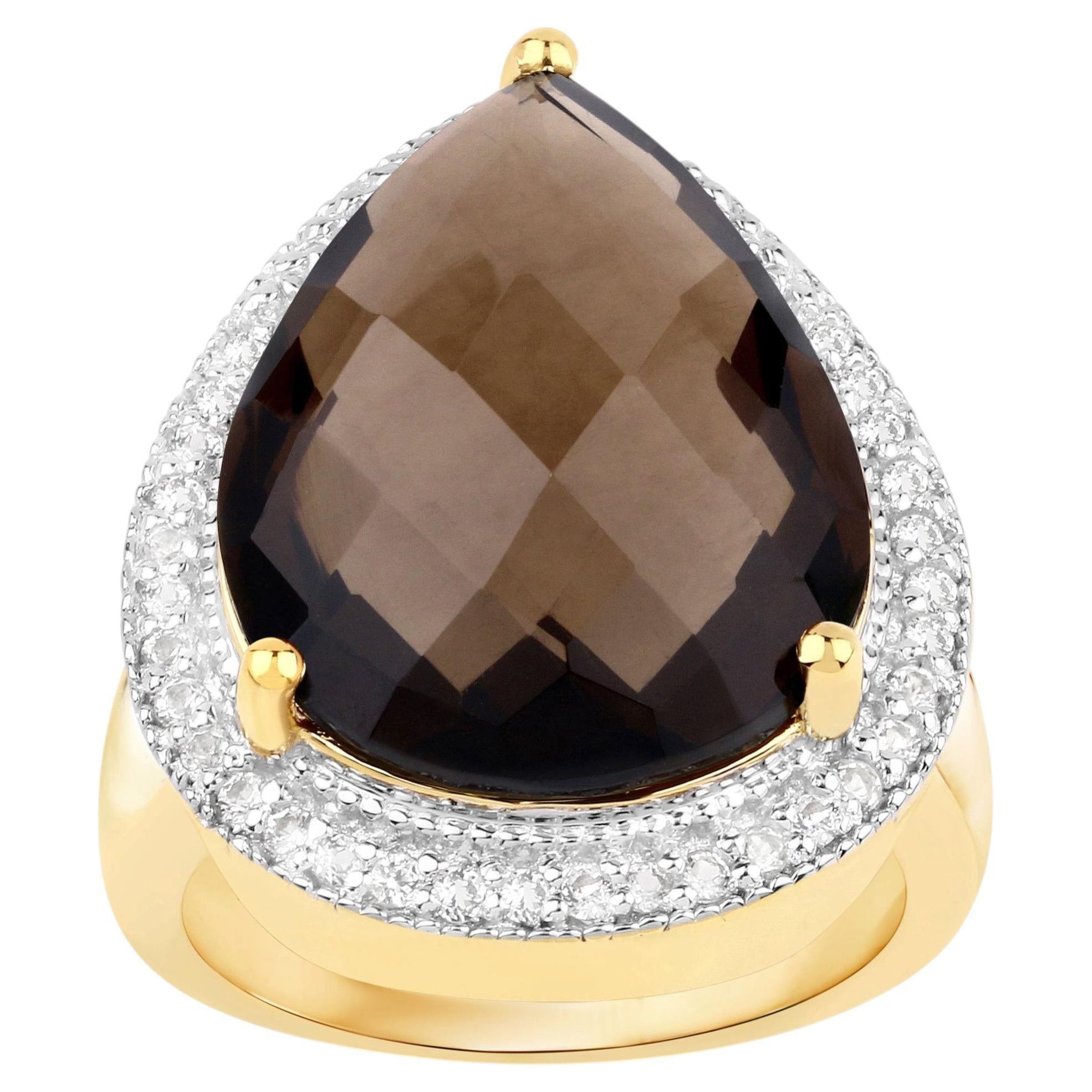 Smoky Quartz Ring With White Topaz 14.2 Carats Gold Plated Silver