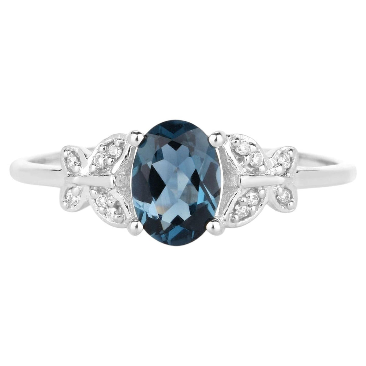 London Blue Topaz Butterfly Ring With Diamonds 0.9 Carats 14K White Gold