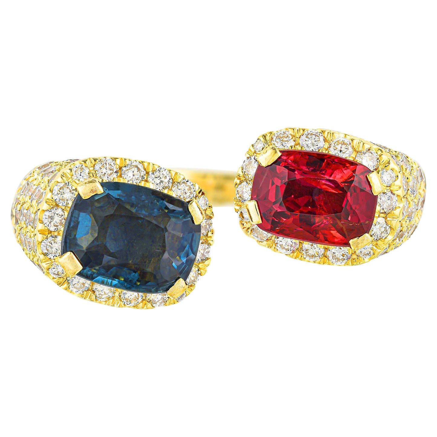 Blue and Red Spinel Bypass Ring Diamond Setting 4 Carats 18K Gold