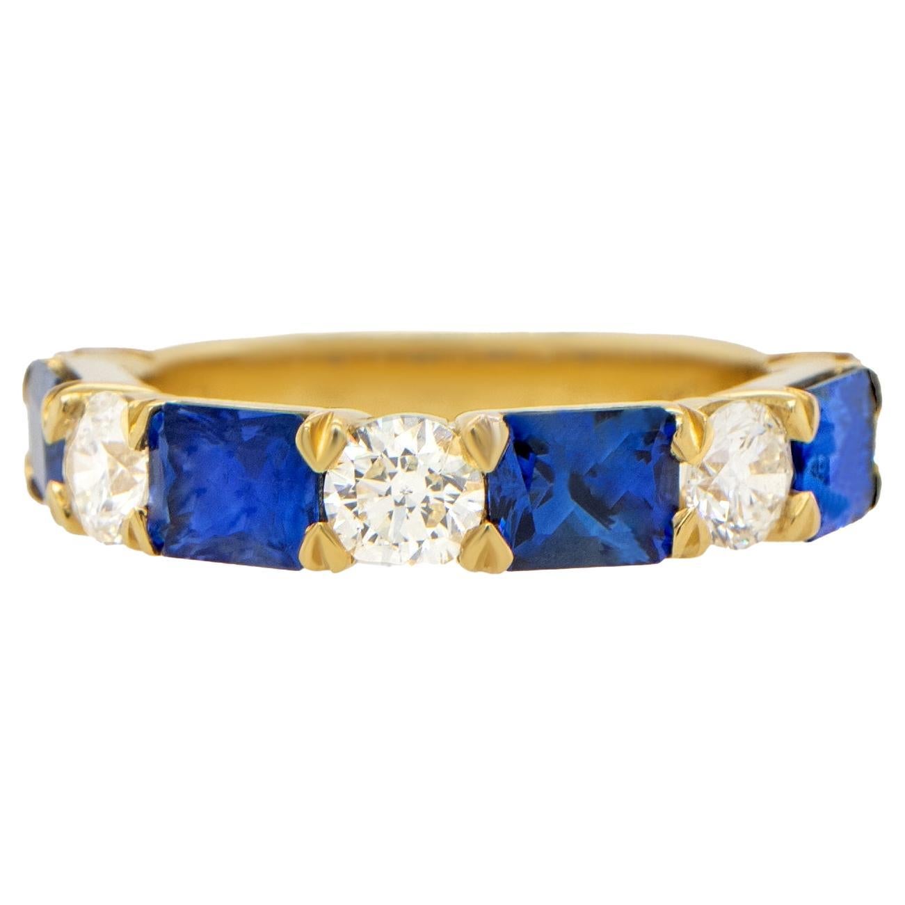 Blue Sapphires Diamonds Half Eternity Band Ring 3.29 Carats 18K Yellow Gold