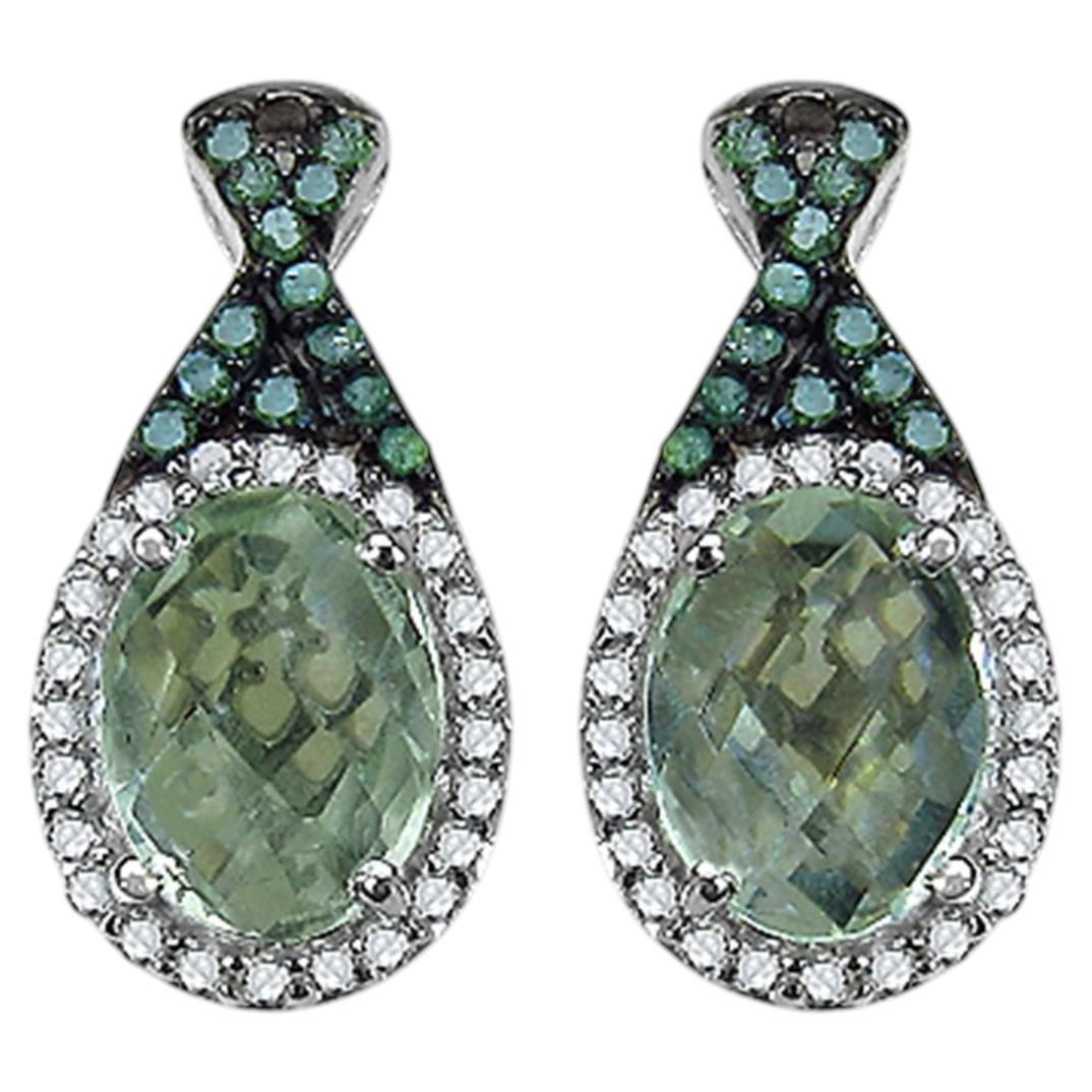 Green Amethyst Earrings With White Diamonds 2.48 Carats Sterling Silver