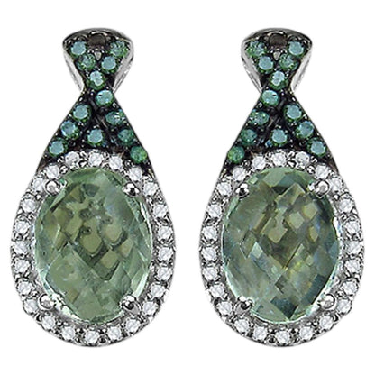 Green Amethyst Earrings With White Diamonds 2.48 Carats Sterling Silver